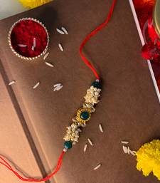 Gold Plated Ethnic Designer Pearl Kundan Rakhi Bracket for Brother/Men (R011G-R)