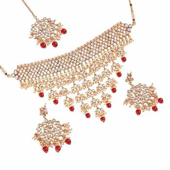 Traditional Kundan & Pearl Studded Choker Necklace Jewellery Set with Earrings & Maang Tikka For Women 2