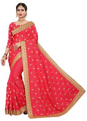 Red embroidered satin saree with blouse 1