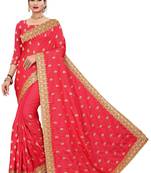 Red embroidered satin saree with blouse