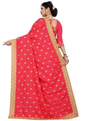 Red embroidered satin saree with blouse 2