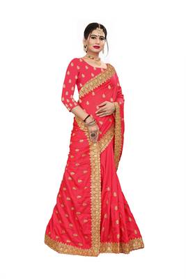 Red embroidered satin saree with blouse 3