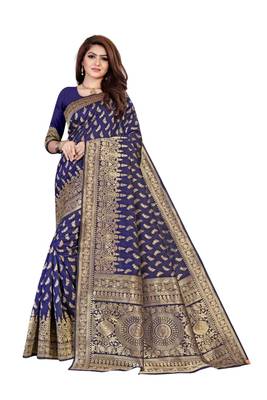Blue woven banarasi silk saree with blouse 1