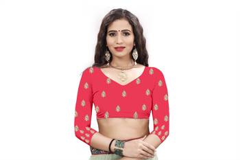 Red embroidered satin saree with blouse 4
