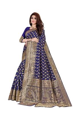 Blue woven banarasi silk saree with blouse 2