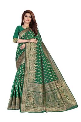 Green woven banarasi silk saree with blouse 1