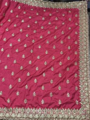 Red embroidered satin saree with blouse 5