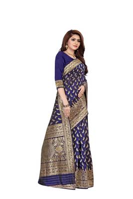 Blue woven banarasi silk saree with blouse 4