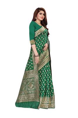 Green woven banarasi silk saree with blouse 4