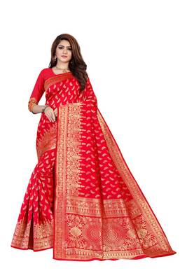 Red woven banarasi silk saree with blouse 1