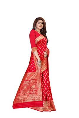 Red woven banarasi silk saree with blouse 4