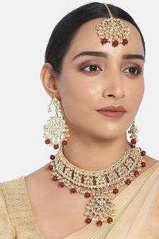 Traditional Handcrafted Kundan & Pearl Studded Choker Necklace Jewellery Set With Earrings