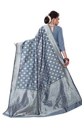 Grey woven art silk sarees saree with blouse 3