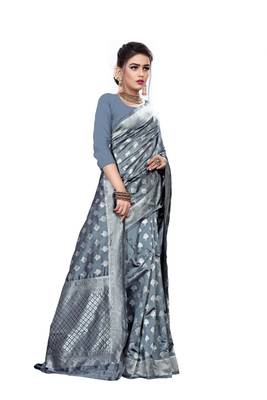 Grey woven art silk sarees saree with blouse 4