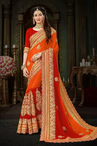 Orange embroidered chiffon saree with blouse