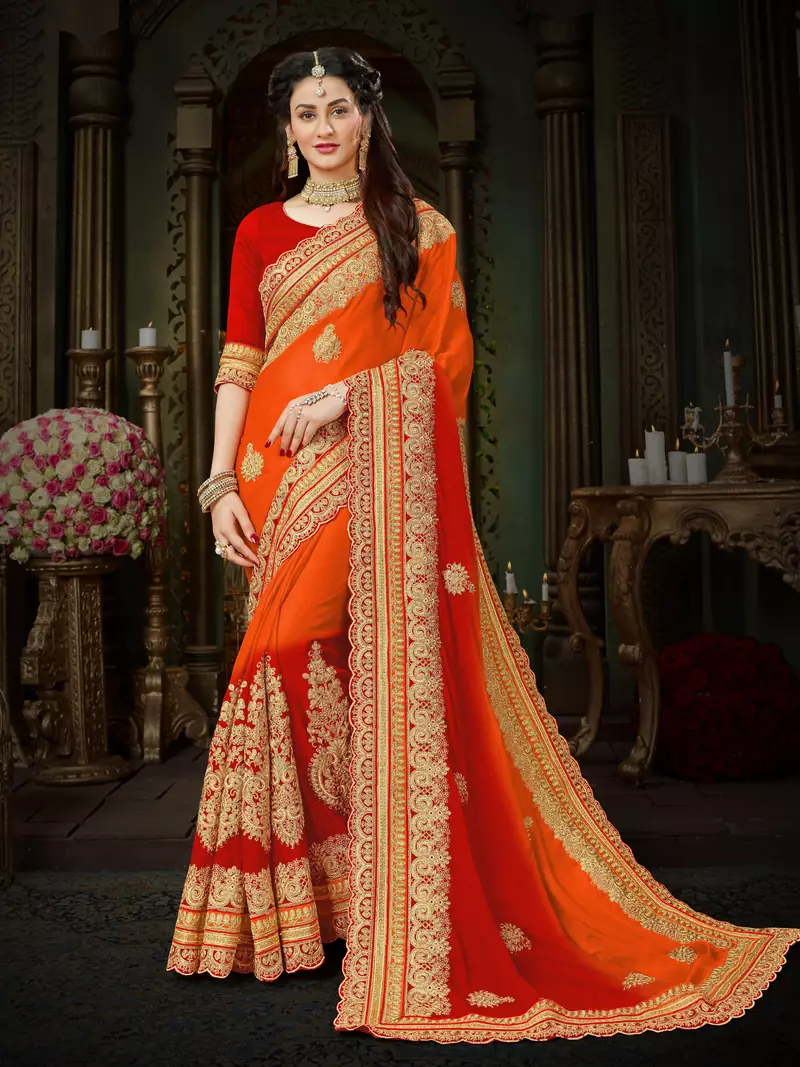 Orange embroidered chiffon saree with blouse