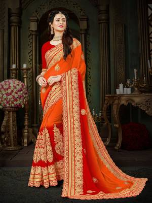 Orange embroidered chiffon saree with blouse 2