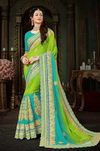 Green embroidered chiffon saree with blouse