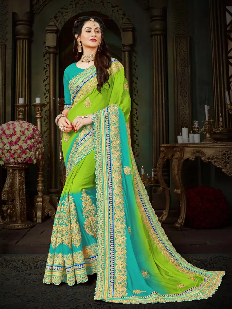 Green embroidered chiffon saree with blouse