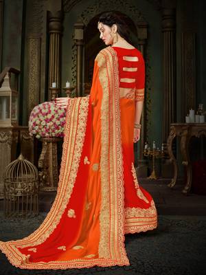 Orange embroidered chiffon saree with blouse 3