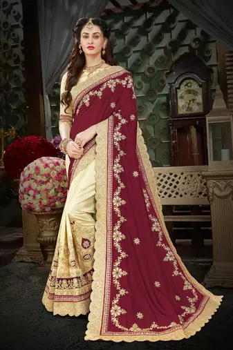 Maroon embroidered art silk saree with blouse