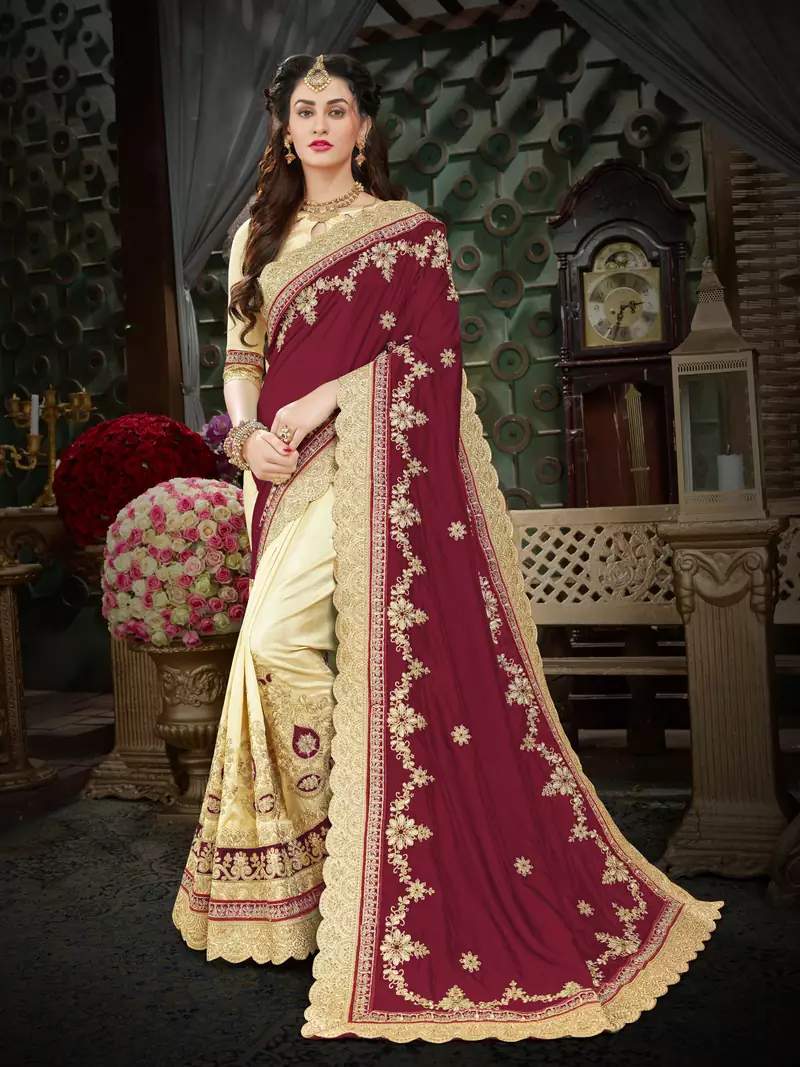 Maroon embroidered art silk saree with blouse