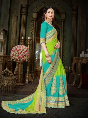 Green embroidered chiffon saree with blouse 3