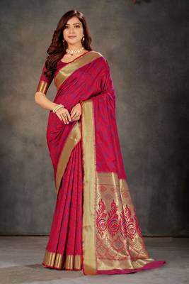 Pink woven art silk saree with blouse 1