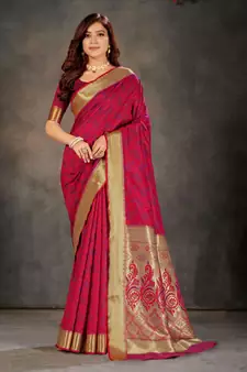 Pink woven art silk saree with blouse