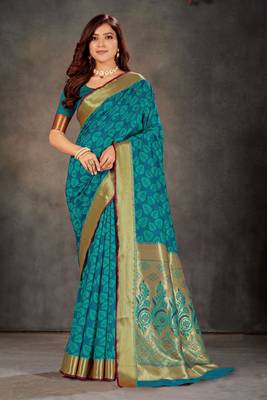 Blue woven art silk saree with blouse 1