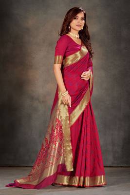 Pink woven art silk saree with blouse 3