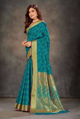 Blue woven art silk saree with blouse 2
