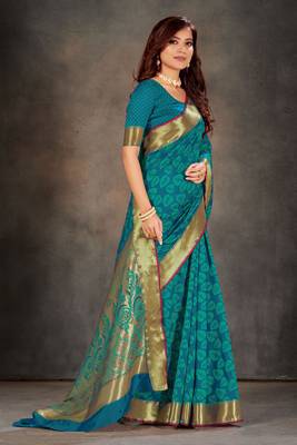 Blue woven art silk saree with blouse 3