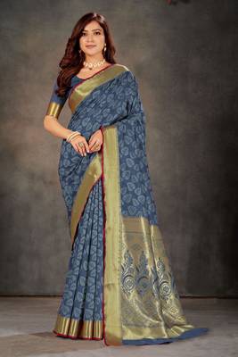 Blue woven art silk saree with blouse 1