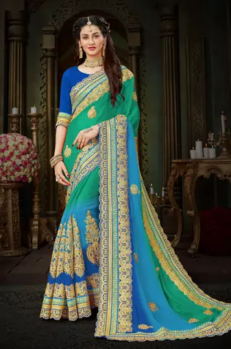 Green embroidered chiffon saree with blouse