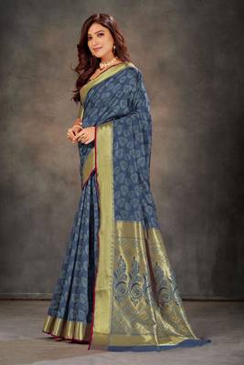 Blue woven art silk saree with blouse 2
