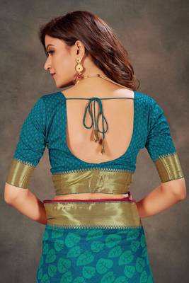 Blue woven art silk saree with blouse 5