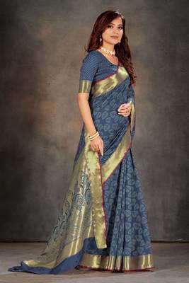 Blue woven art silk saree with blouse 3