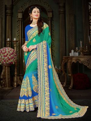 Green embroidered chiffon saree with blouse 2
