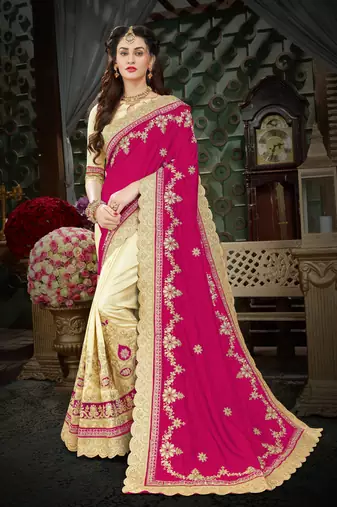 Pink embroidered art silk saree with blouse