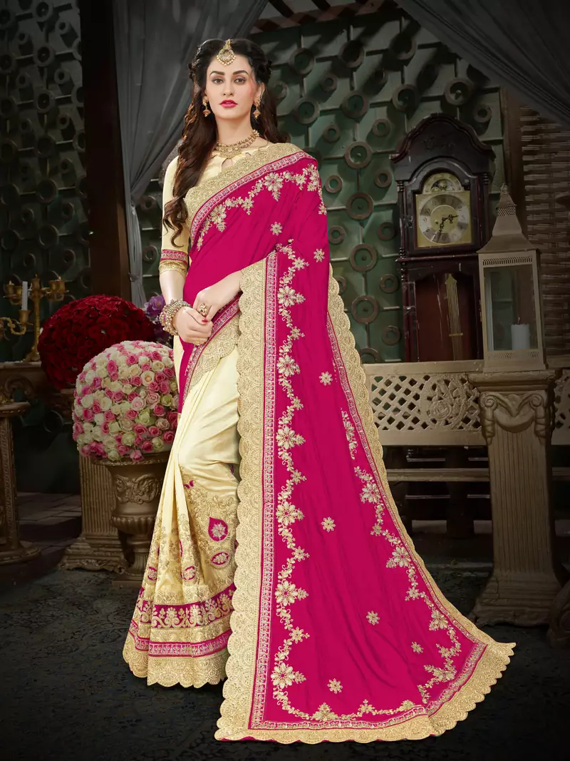 Pink embroidered art silk saree with blouse