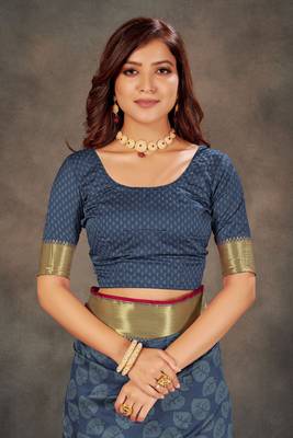 Blue woven art silk saree with blouse 4