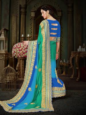Green embroidered chiffon saree with blouse 3