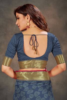 Blue woven art silk saree with blouse 5