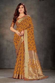 Mustard woven art silk saree with blouse