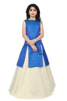 Kids Royal Blue Indo With Cream Lehenga Choli 