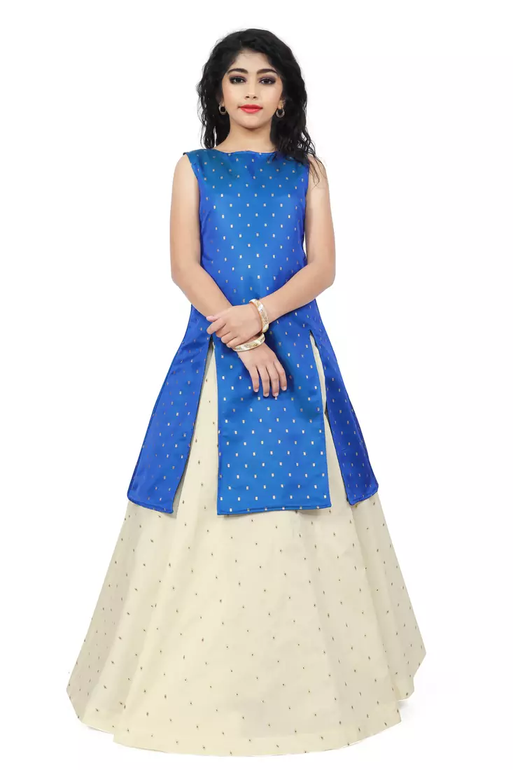 Kids Royal Blue Indo With Cream Lehenga Choli 