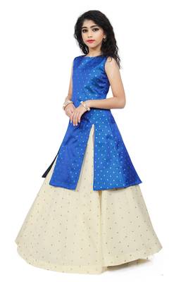 Kids Royal Blue Indo With Cream Lehenga Choli  2