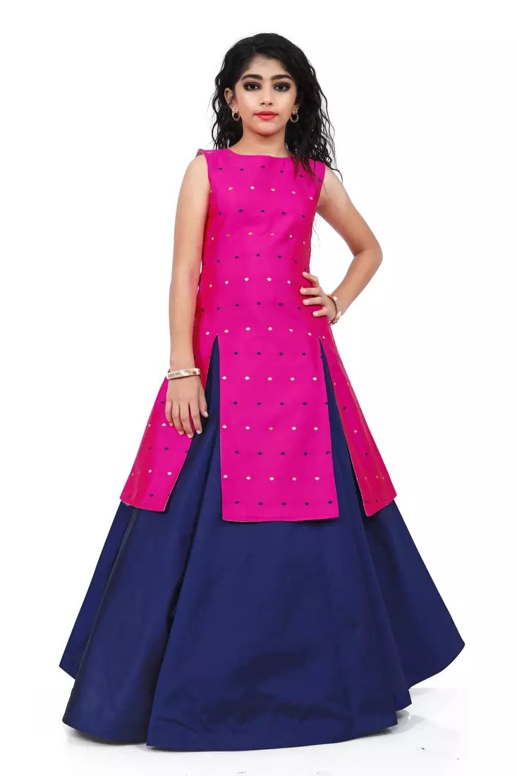 Kids Rani Pink Indo With Blue Plain Lehenga For Girls 
