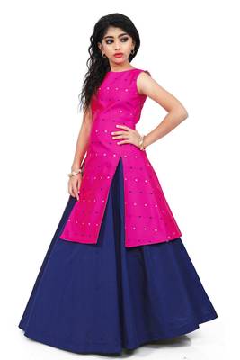 Kids Rani Pink Indo With Blue Plain Lehenga For Girls  2